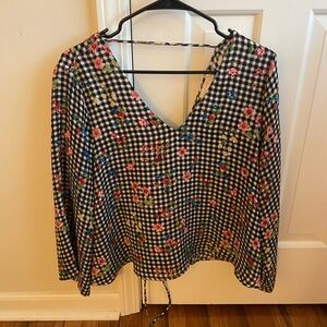 Gingham and Floral Print Blouse
